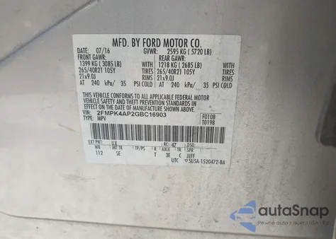 2016 Ford Edge Sport from USA, damaged, VIN 2FMPK4AP2GBC16903
